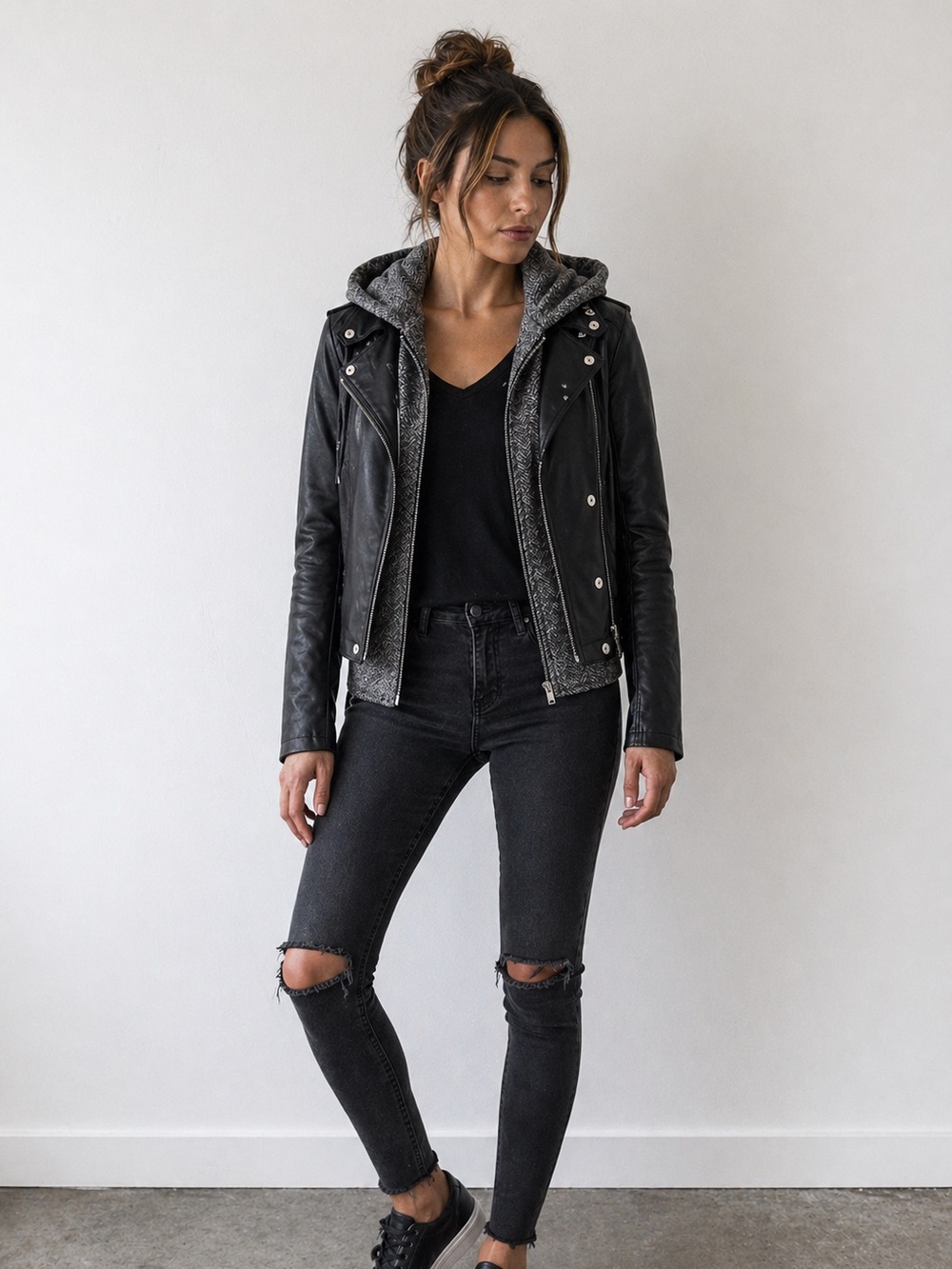 Mo-Ka Black Leather Hooded Moto Jacket with Faux Hoodie XS